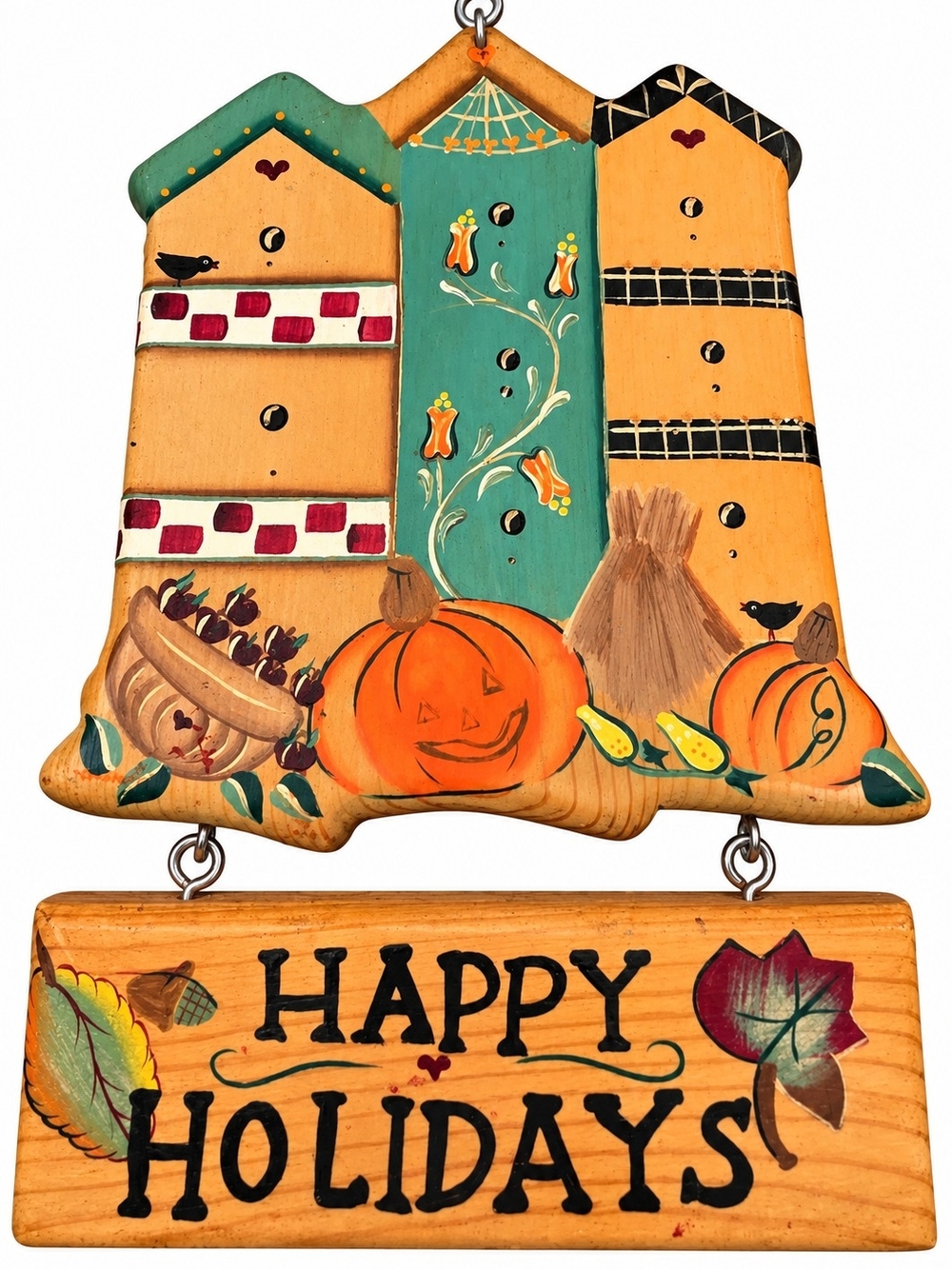 Vintage Handcrafted Happy Holidays Wood Fall Halloween Wall Sign Folk Art